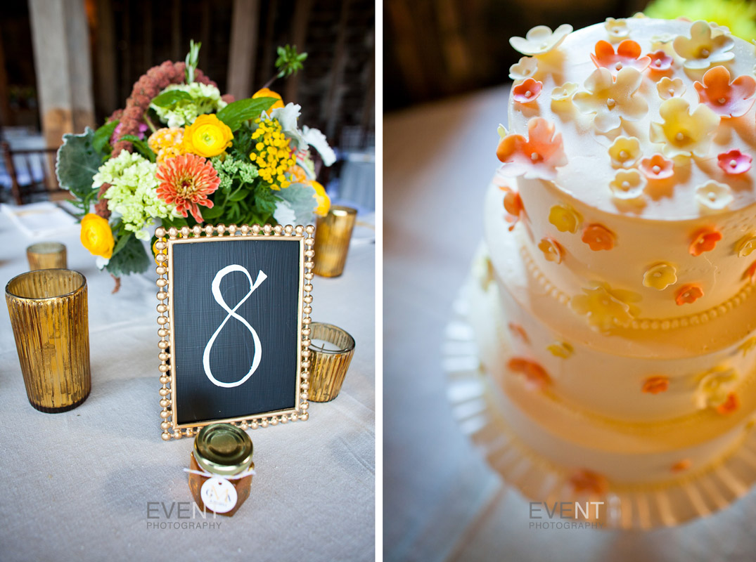 Wedding centerpiece and wedding cake at White Rocks Inn, Wallingford, Vermont